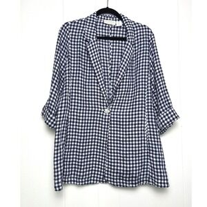 Cynthia Rowley Womens M Navy White Gingham 100% Linen Blazer Jacket Spring